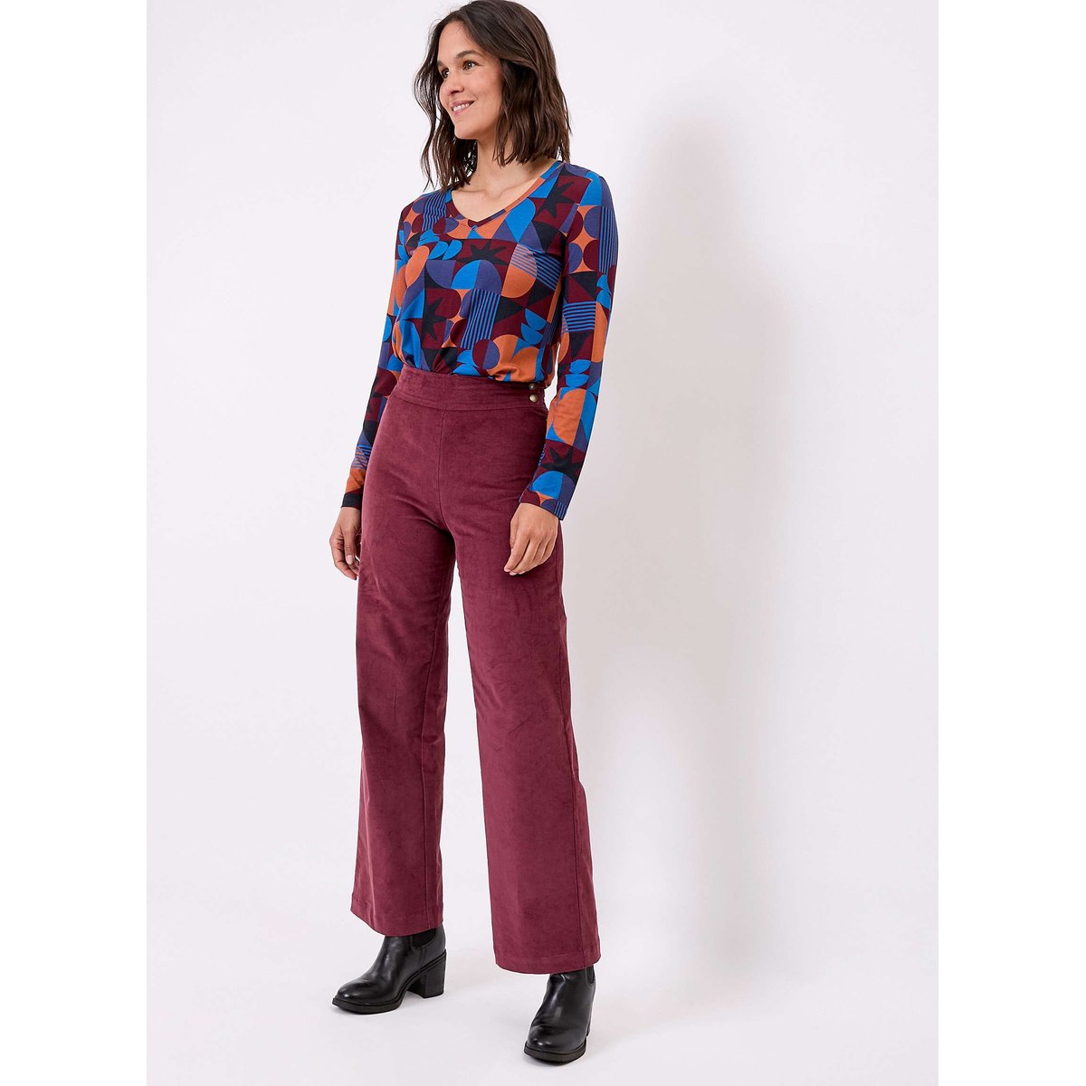 Pantalon droit large velours côtelé bio OSCAR marron chocolat, PRINCESSE NOMADE