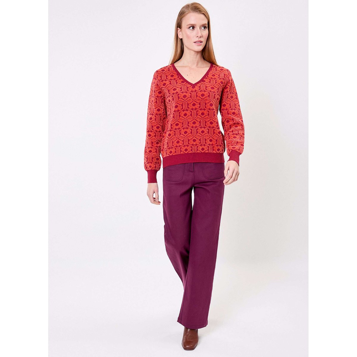 Pull col V maille jacquard ELIODO orange, PRINCESSE NOMADE