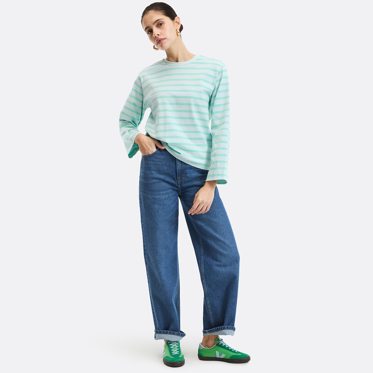 T-shirt loose rayé manches longues en coton rayé bleu vert, LA REDOUTE COLLECTIONS