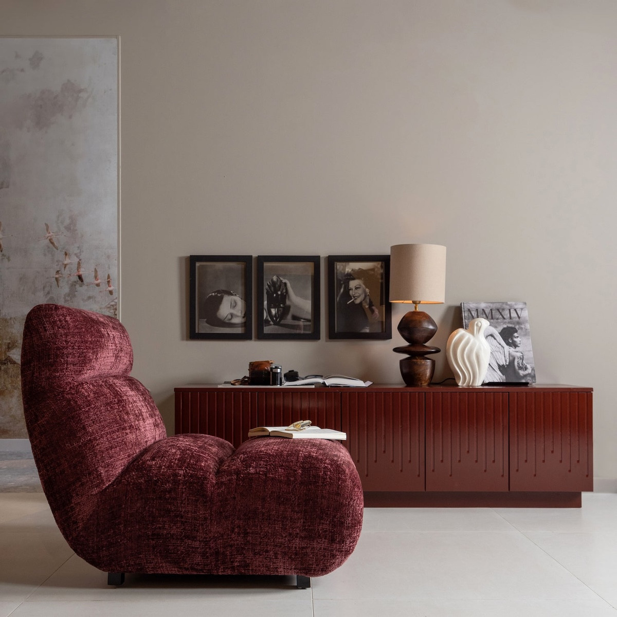 Fauteuil lounge en velours chenille - OBSERVE lie de vin, WOOOD