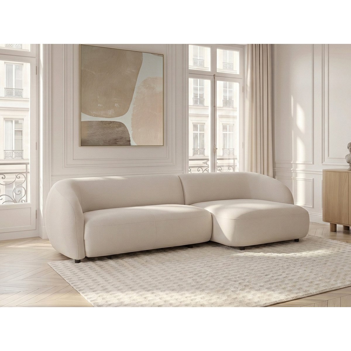Canapé d'angle convertible 4 places en tissu lisse, HALO beige, BOBOCHIC
