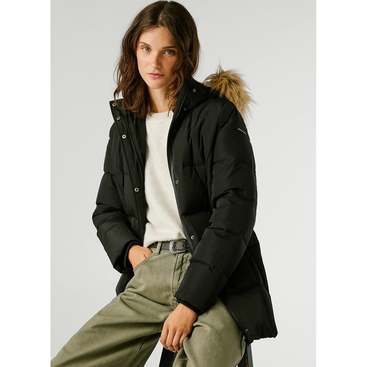 Sarah Belted Padded Jacket with Hood black, PEPE JEANS