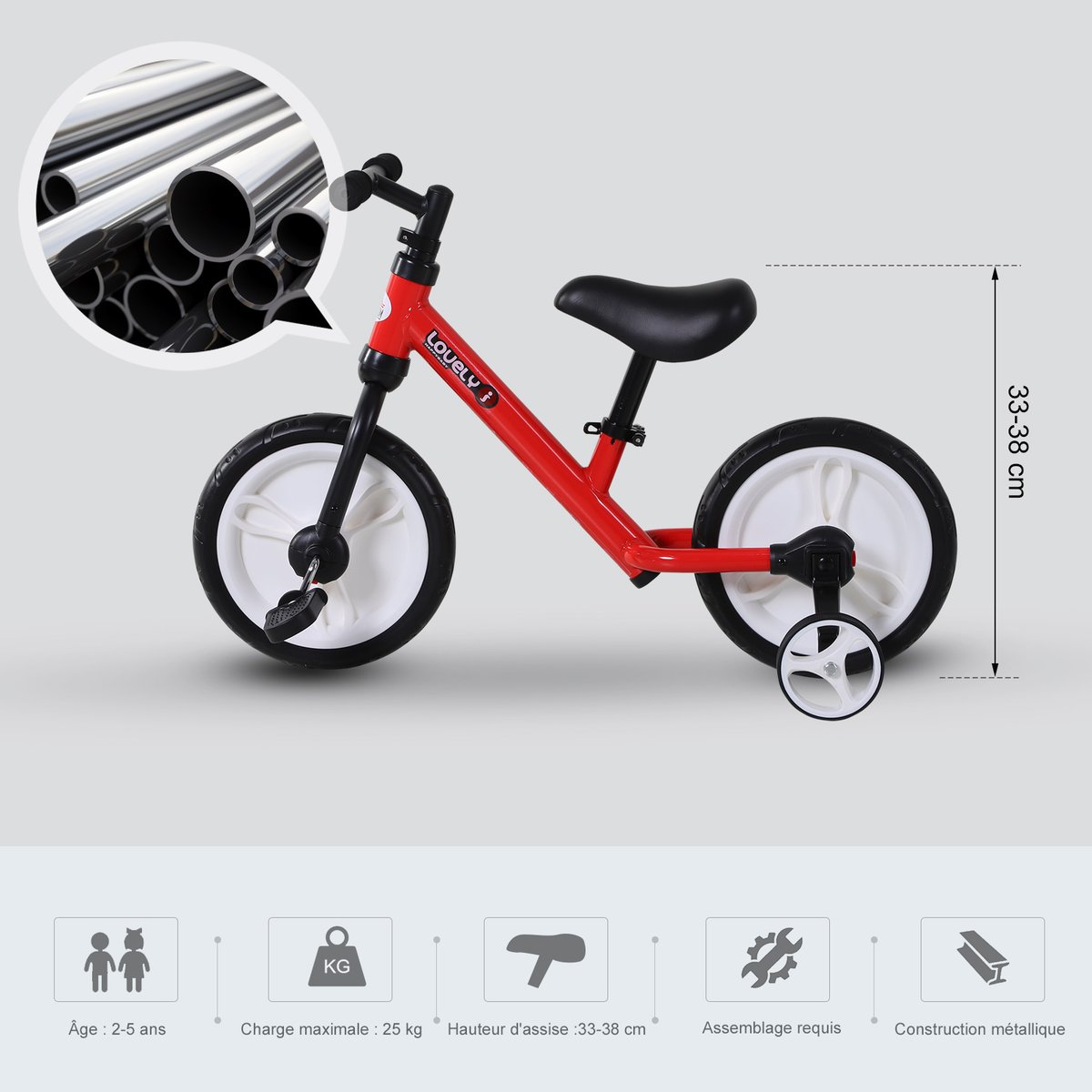 Vélo d'équilibre pour enfants Acier Noir rouge, HOMCOM