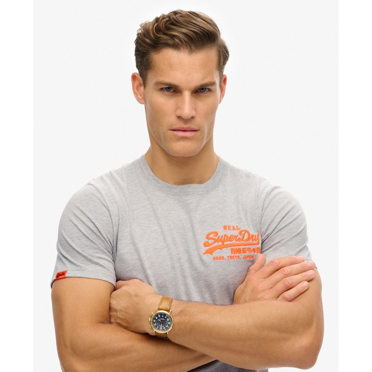 T-shirt décontracté Vintage Logo brodé gris moyen chiné, SUPERDRY