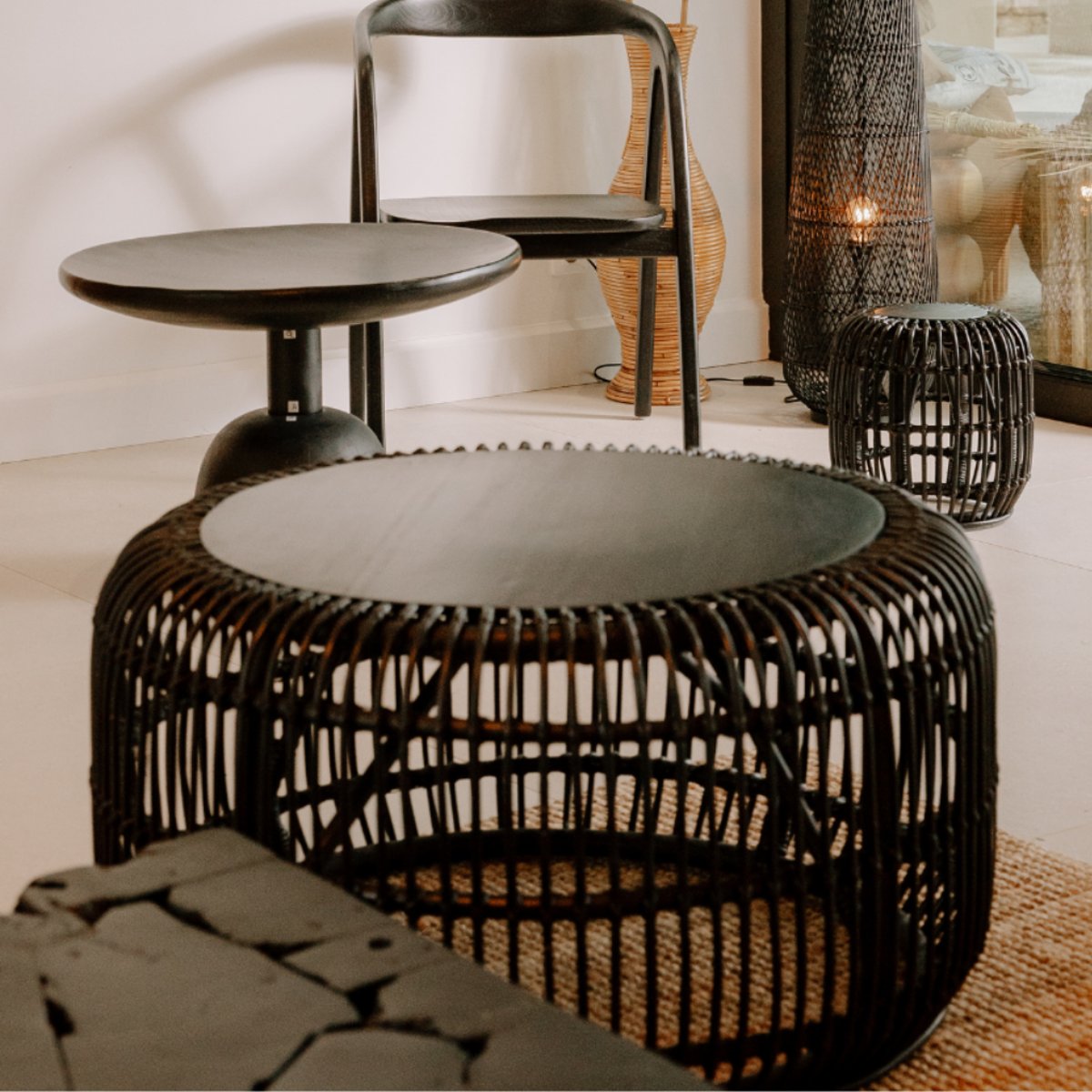 Table basse en rotin et bois PHIL noir, HYDILE