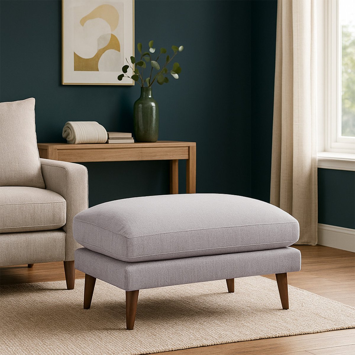 Pouf en tissu pieds bois foncé- VILLABON naturel chiné, DRAWER