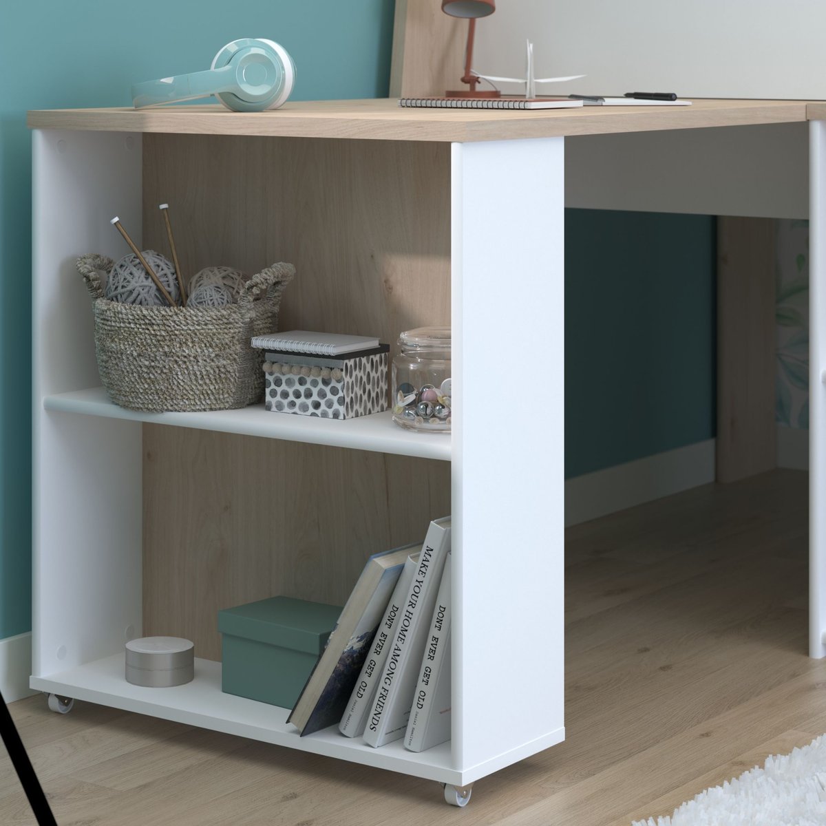 Lit mezzanine enfant bois avec bureau escamotable et rangements blanc, TERRE DE NUIT