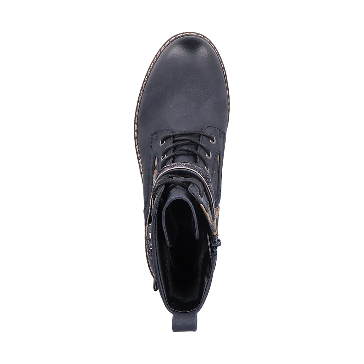 Bottines bleues à talon décroché bas avec un zip et des lacets ronds bleues, RIEKER