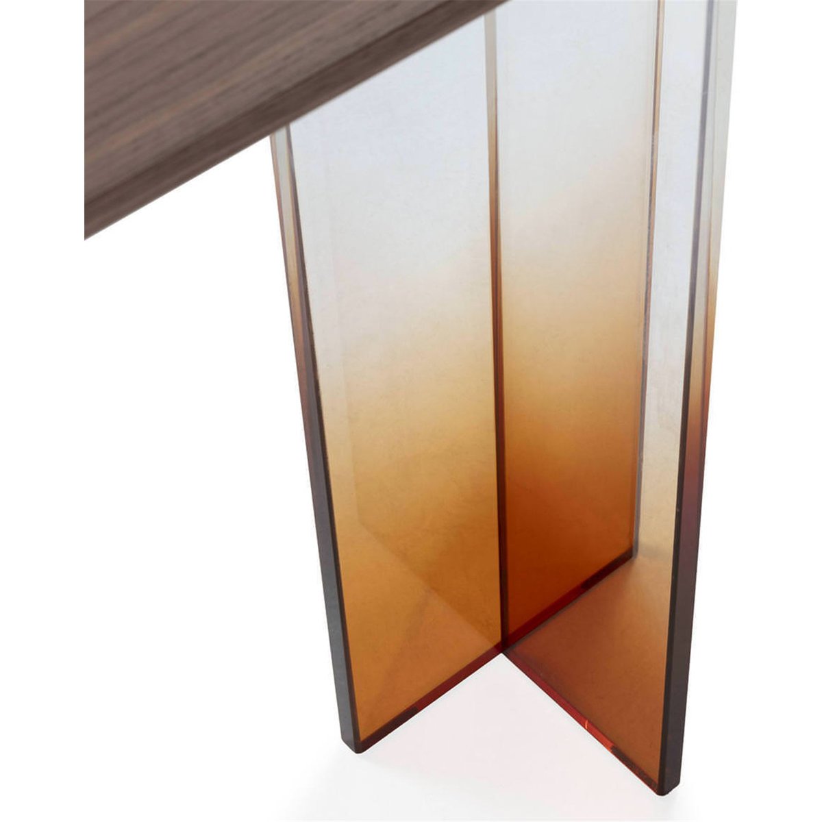 Console en noyer et méthacrylate noyer, transparent et ambre, RECOLLECTION