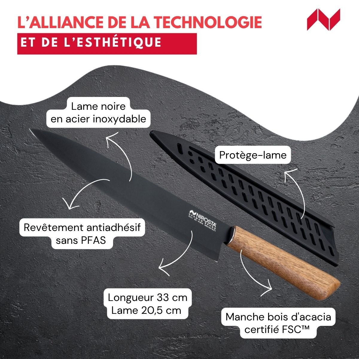 Couteau de chef 33 cm FLOW bois,noir, NIROSTA