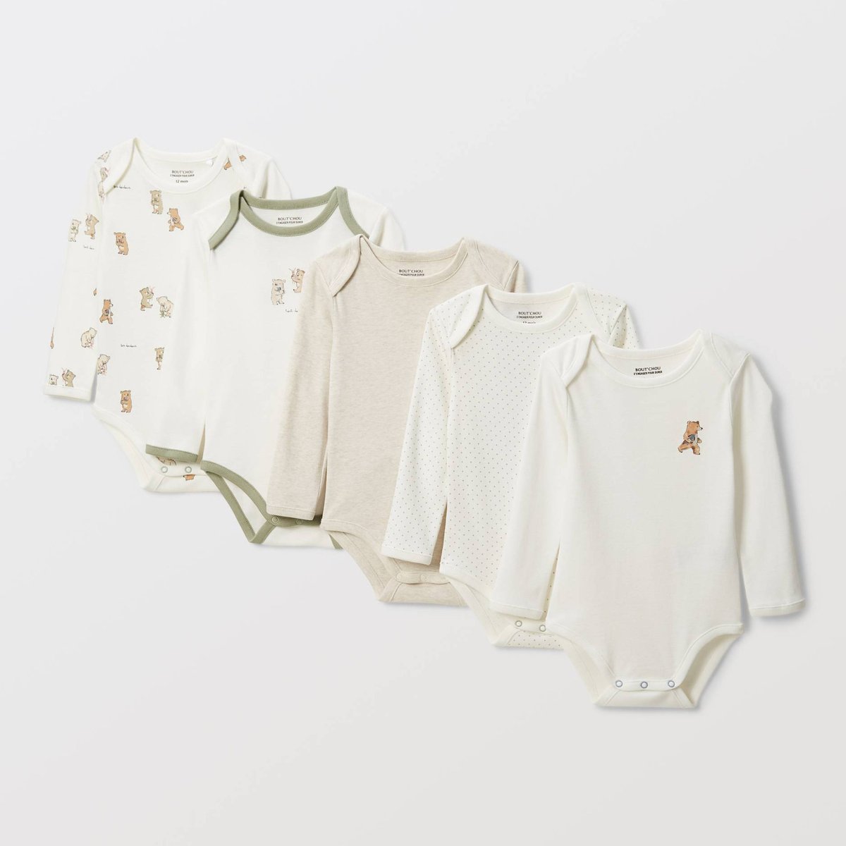 Lot de 5 bodies manches longues imprimé en coton BIO GOTS ecru, BOUT'CHOU