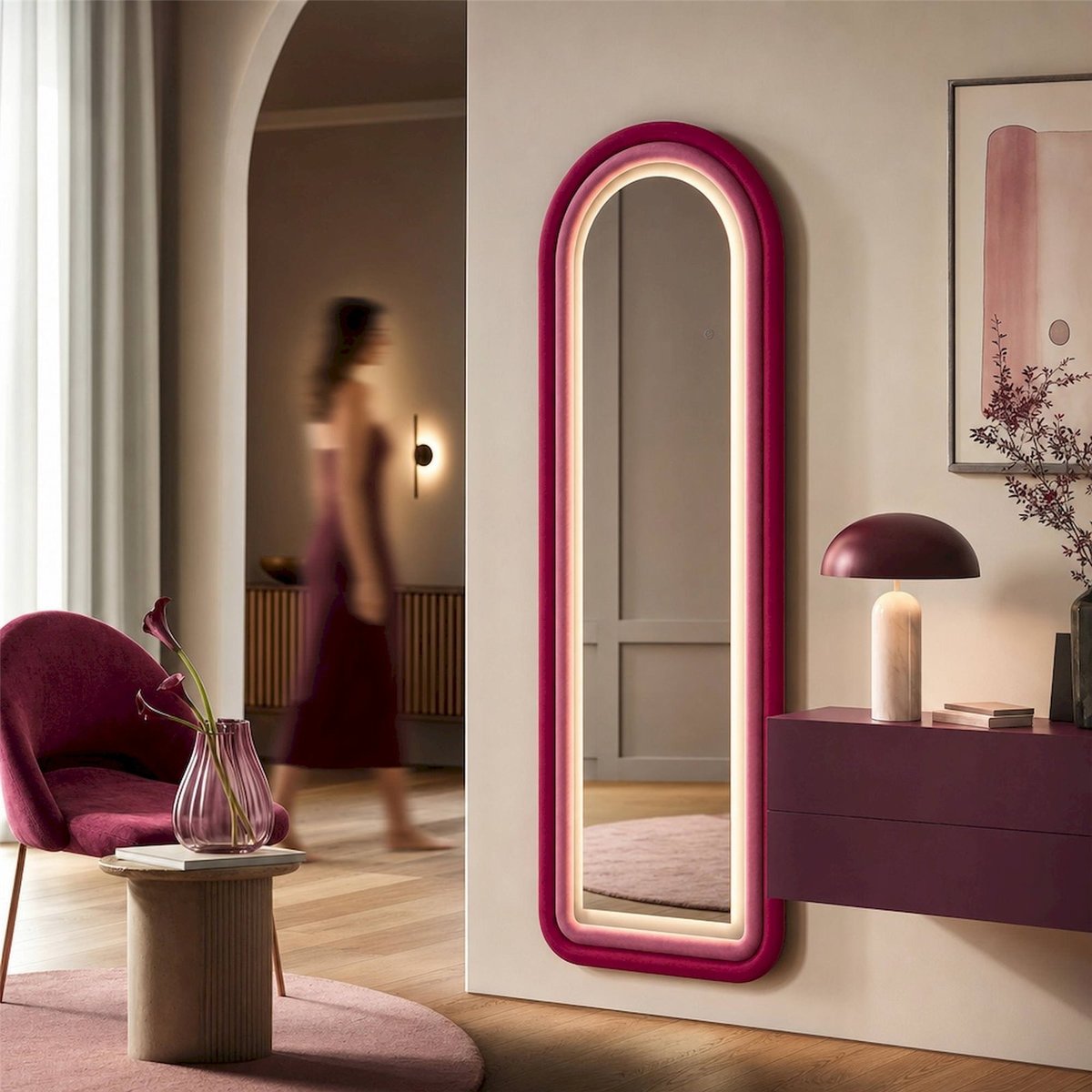 Miroir mural arche à LED cadre velours MODERN rose et violet, RECOLLECTION
