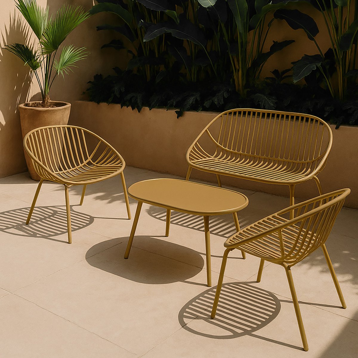 Salon de jardin table et 2 fauteuils 1 canapé en polypropylène et métal, CALYPSO ocre, NOW'S HOME