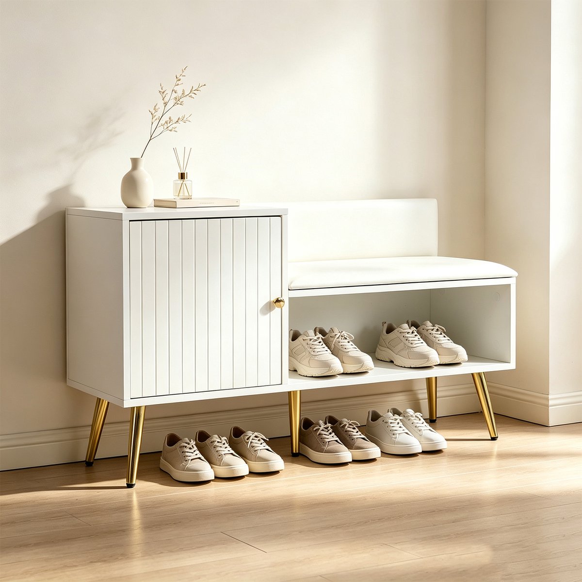 Meuble à chaussures banc d'entrée avec rangement avec assise, NESTERC blanc, MEUBLES COSY