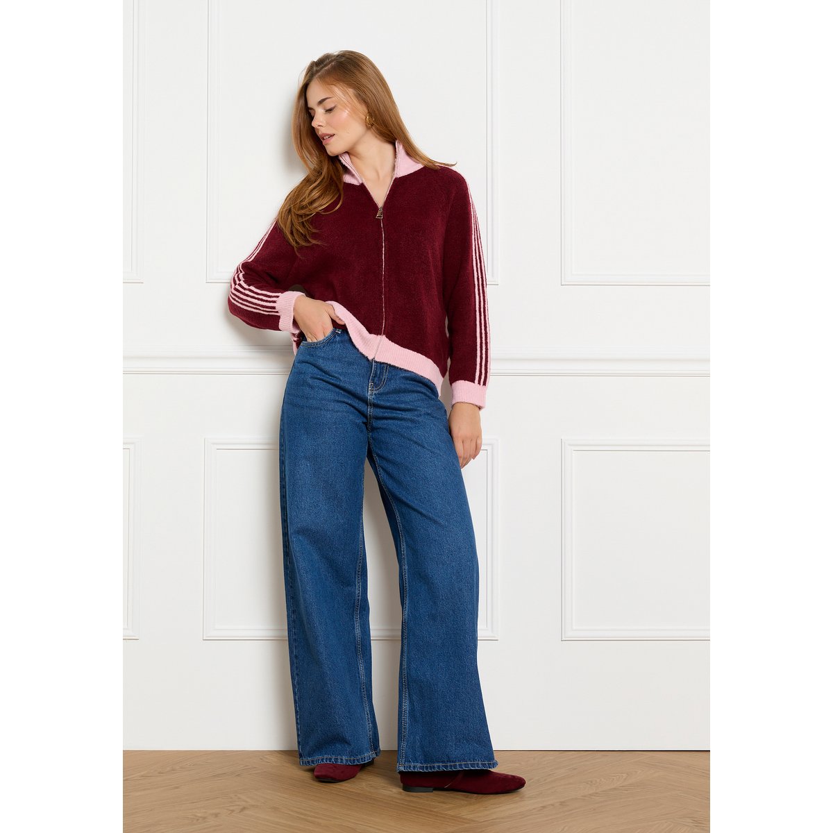 Cardigan zippé à manches raglan bordeau wine, LOLALIZA