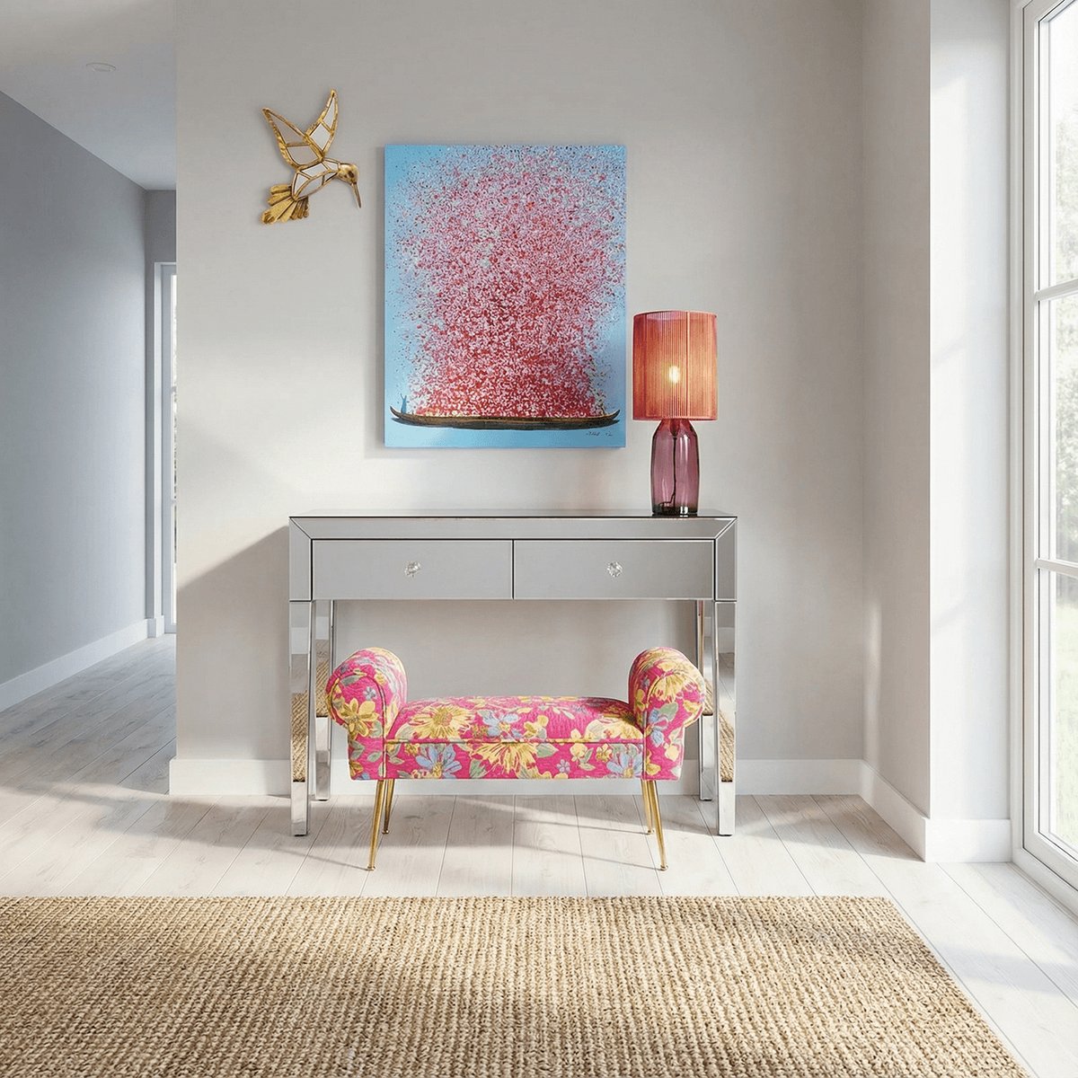 Tableau fleurs pirogue, TOUCHED bleu et rose, KARE DESIGN