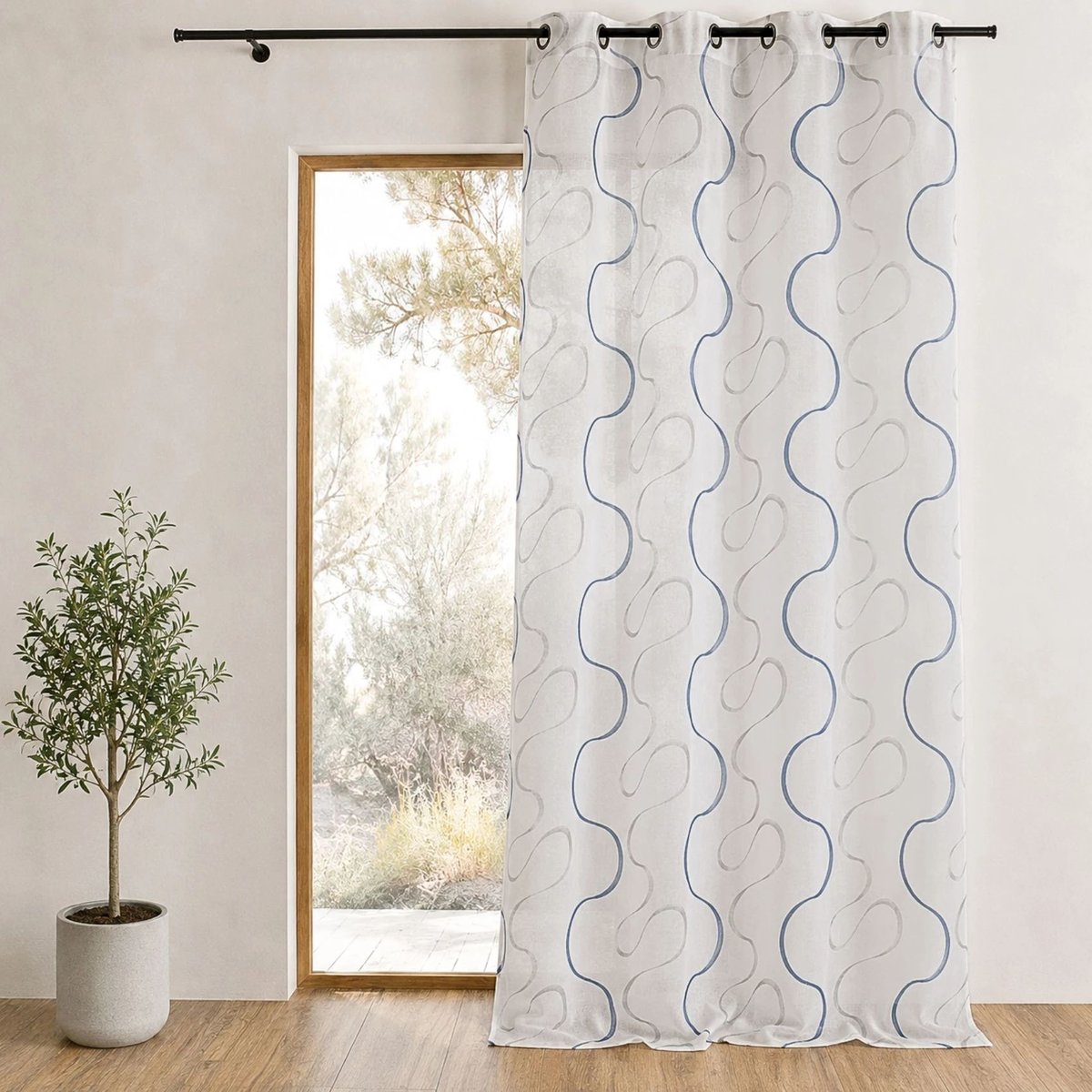 Voilage brodé à motifs ondulés bleu, HOME MAISON