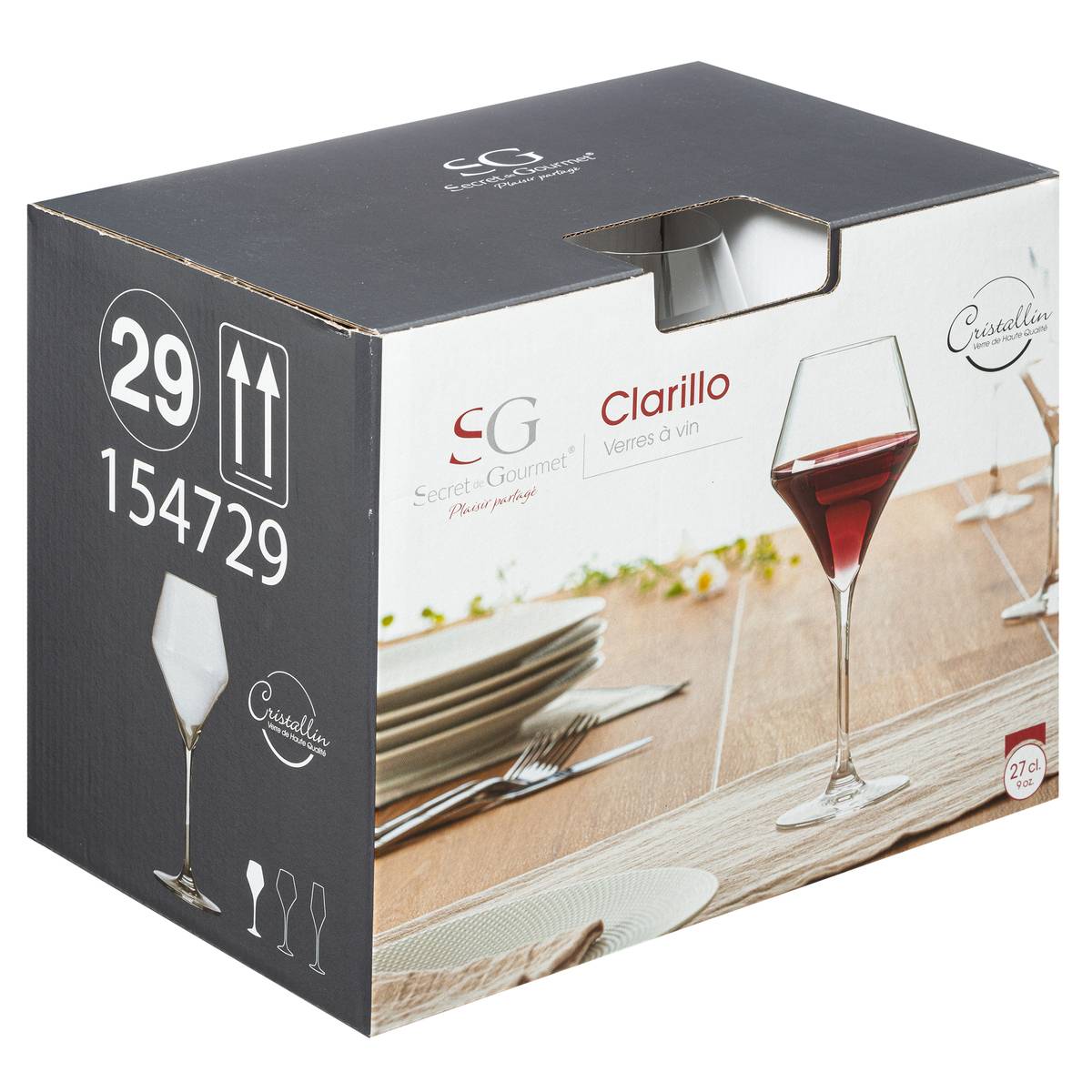 Lot de 6 verres à vin en verre cristallin 27 cl CLARILLO transparent, SECRET DE GOURMET