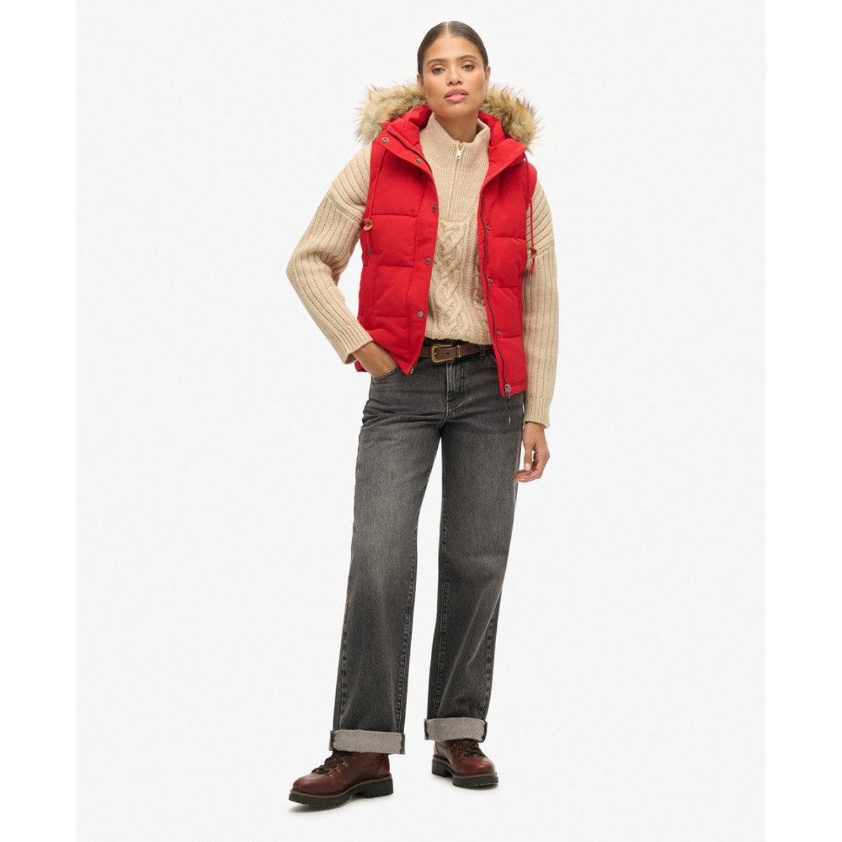 Doudoune sans manches à imitation fourrure Everest rouge universitaire, SUPERDRY
