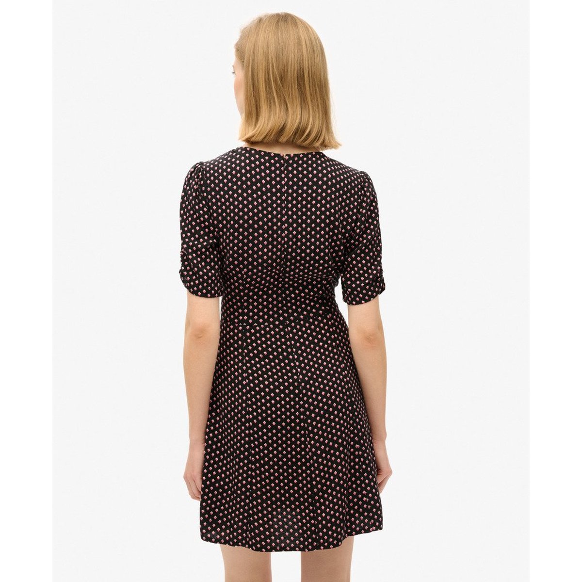 Robe courte fluide imprimée à manches courtes noir diamant géométrique, SUPERDRY