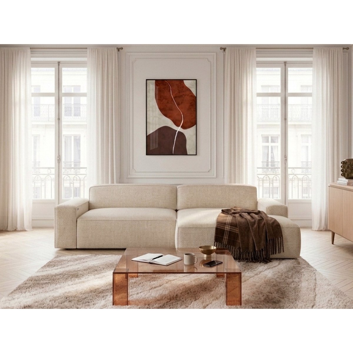Canapé d'angle convertible 3 places en tissu chiné, ABEL beige, BOBOCHIC