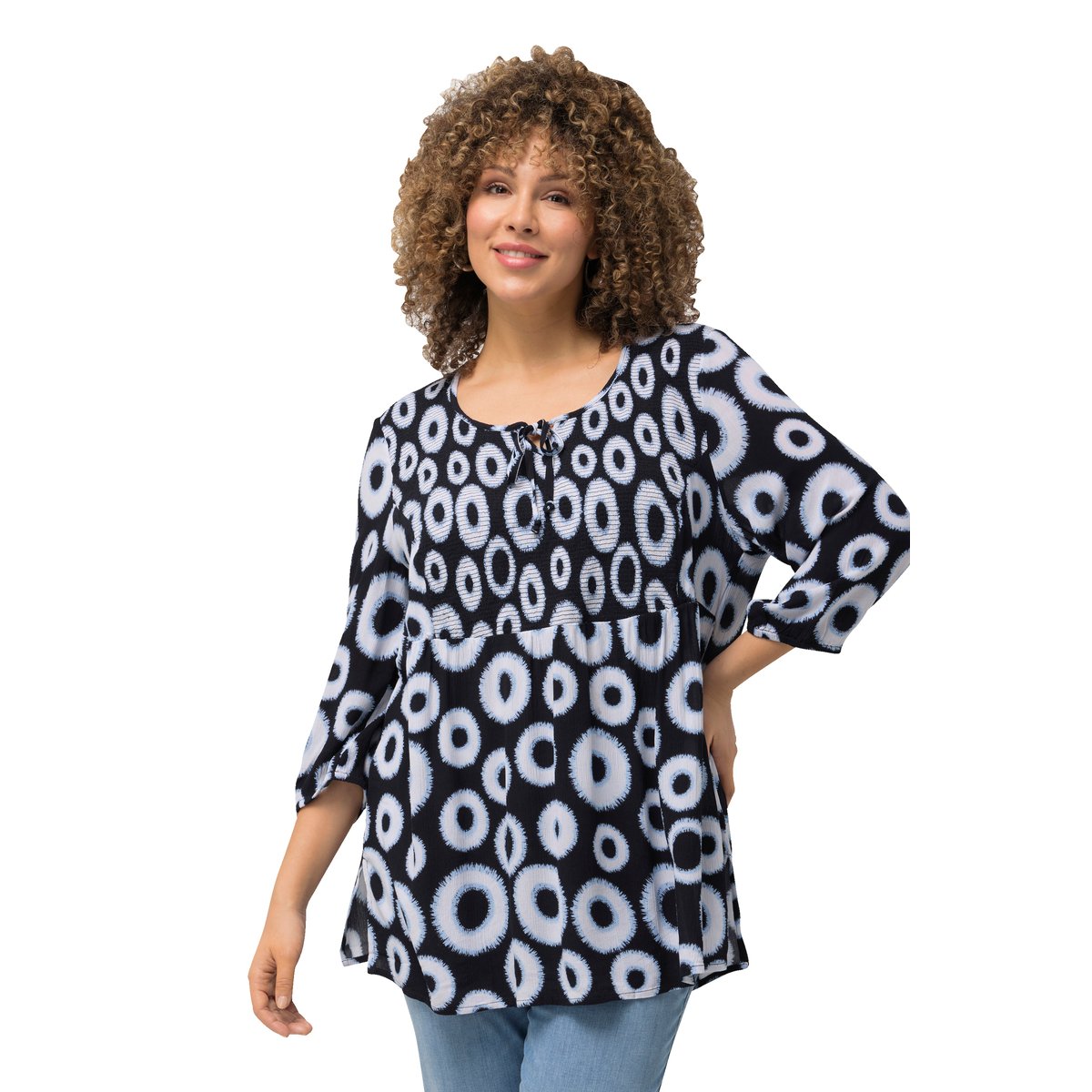 Blouse smockée à motif cercles. Col rond marine, ULLA POPKEN