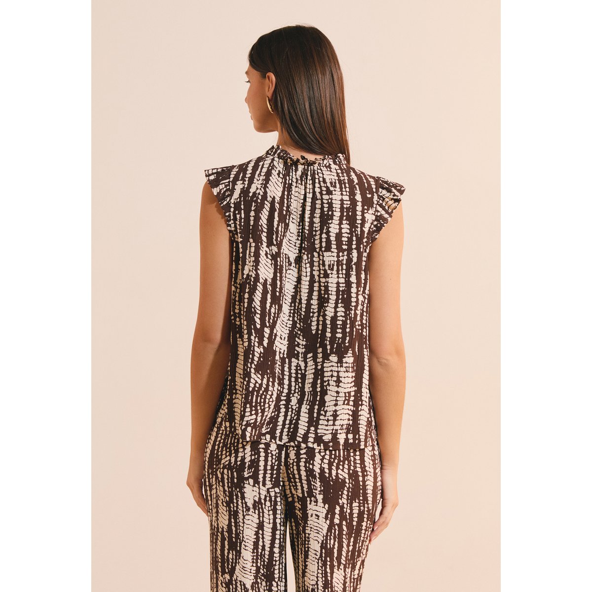 Top à manches volantées à motifs ROMELIE IMP imp fd marron, ETAM