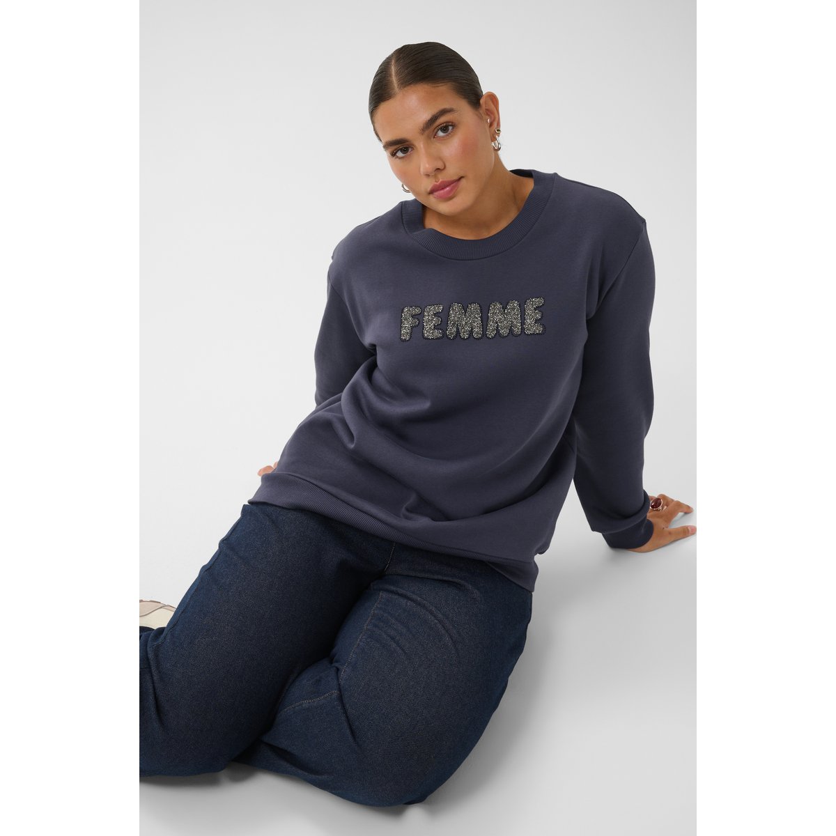 Sweatshirt bleu argent graphite/silver artwork, KAFFE CURVE