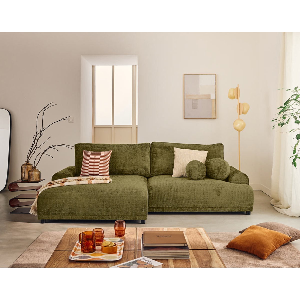 Canapé d'Angle Convertible 4 places - NELLY vert olive, BEST MOBILIER