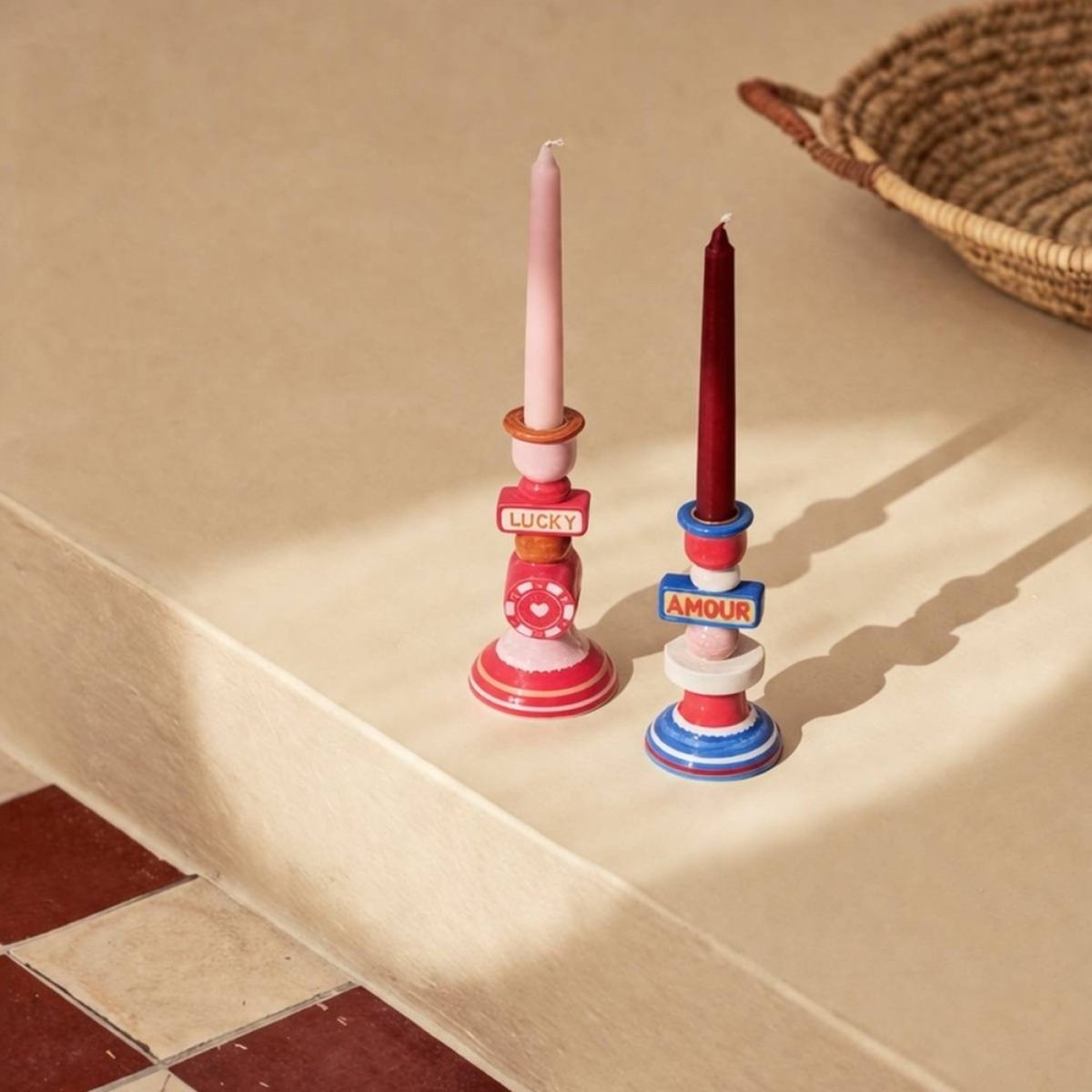 Bougeoir Lucky en dolomite 20cm rouge, KERSTEN