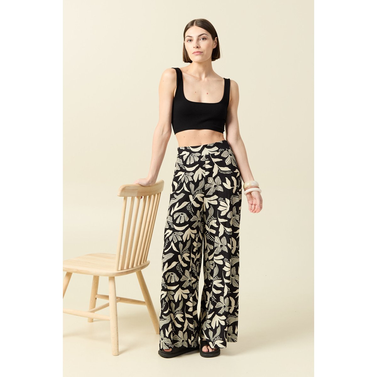 Pantalon large taille haute noir, BONOBO