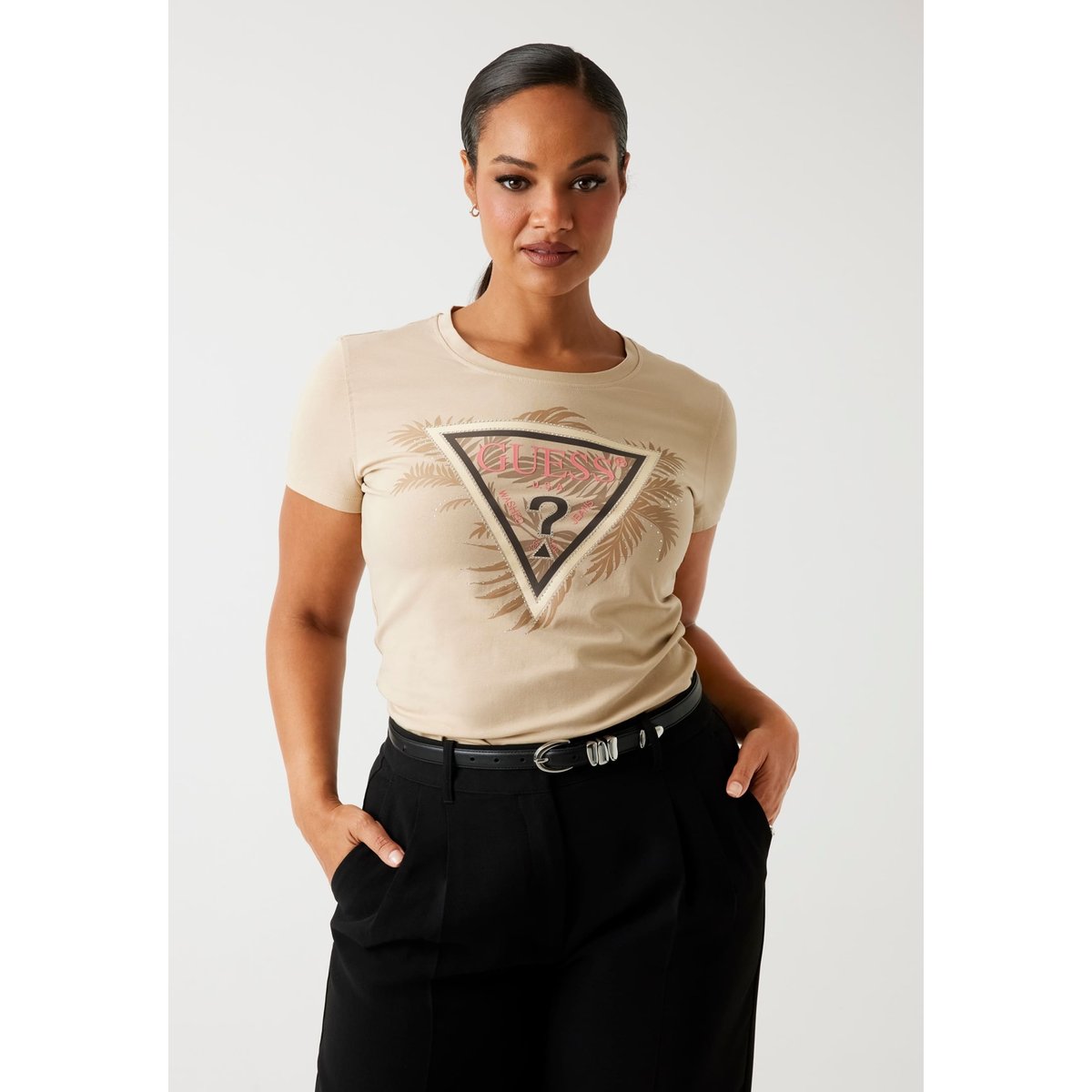 T-Shirt Logo Triangulaire beige, GUESS