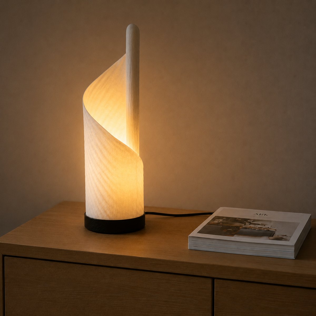 Lampe à poser en papier maché et bois - ELYA blanc crème, MAISON PAVANE