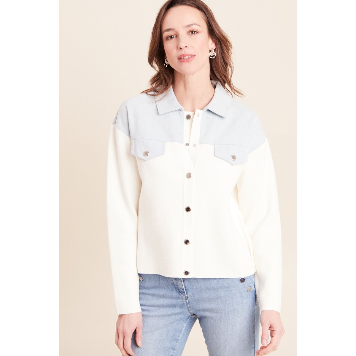 Gilet manches longues col chemise ecru, BREAL