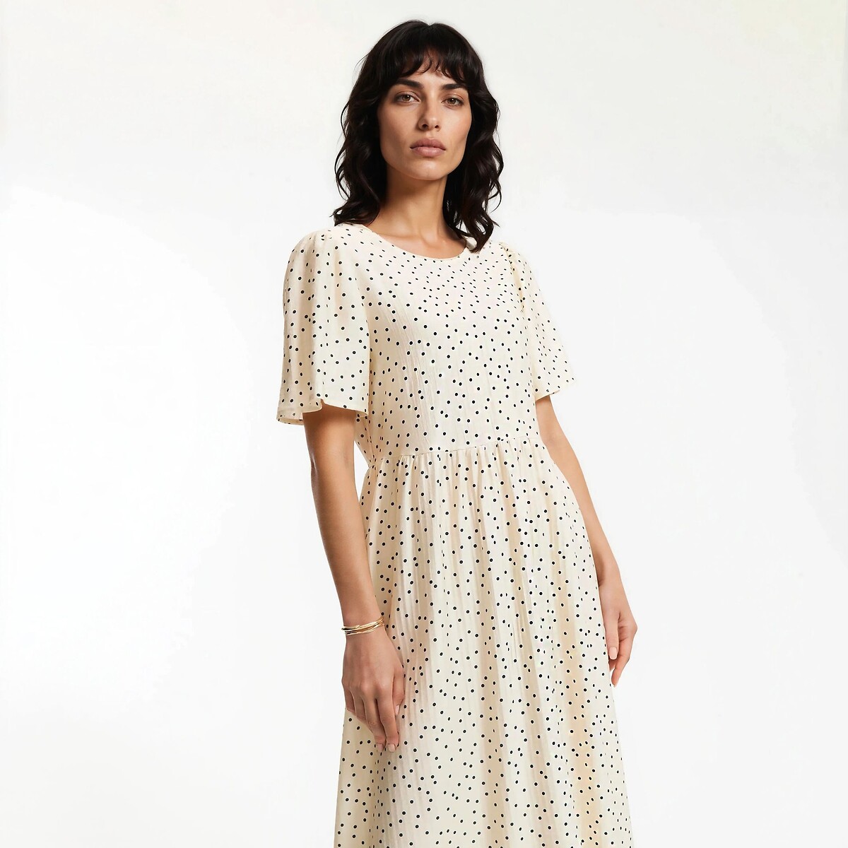 Robe longue col rond manches courtes à pois  imprimé pois fond écru, LA REDOUTE COLLECTIONS