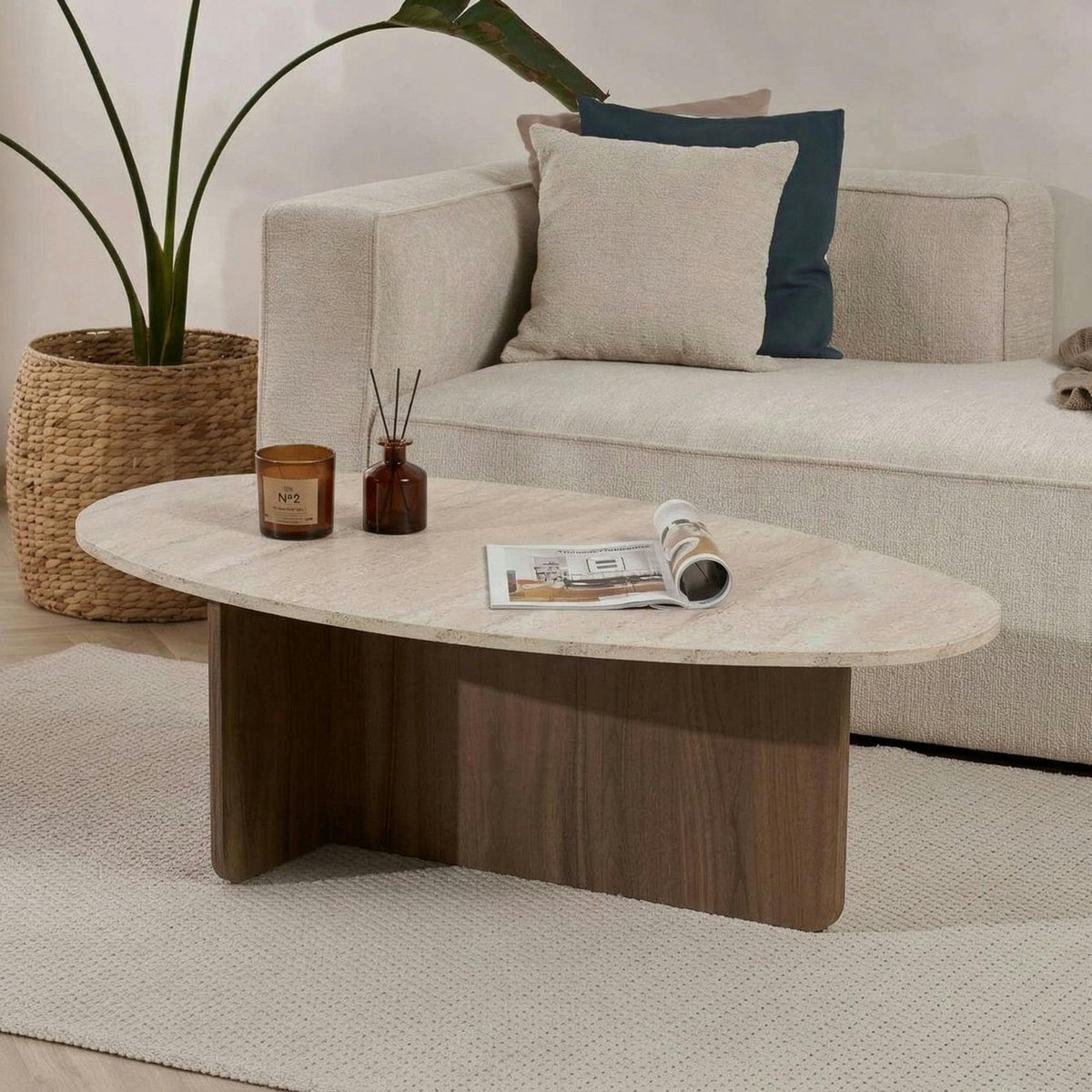 Table basse ovale organique décor travertin et noyer MARFA beige, PIER IMPORT