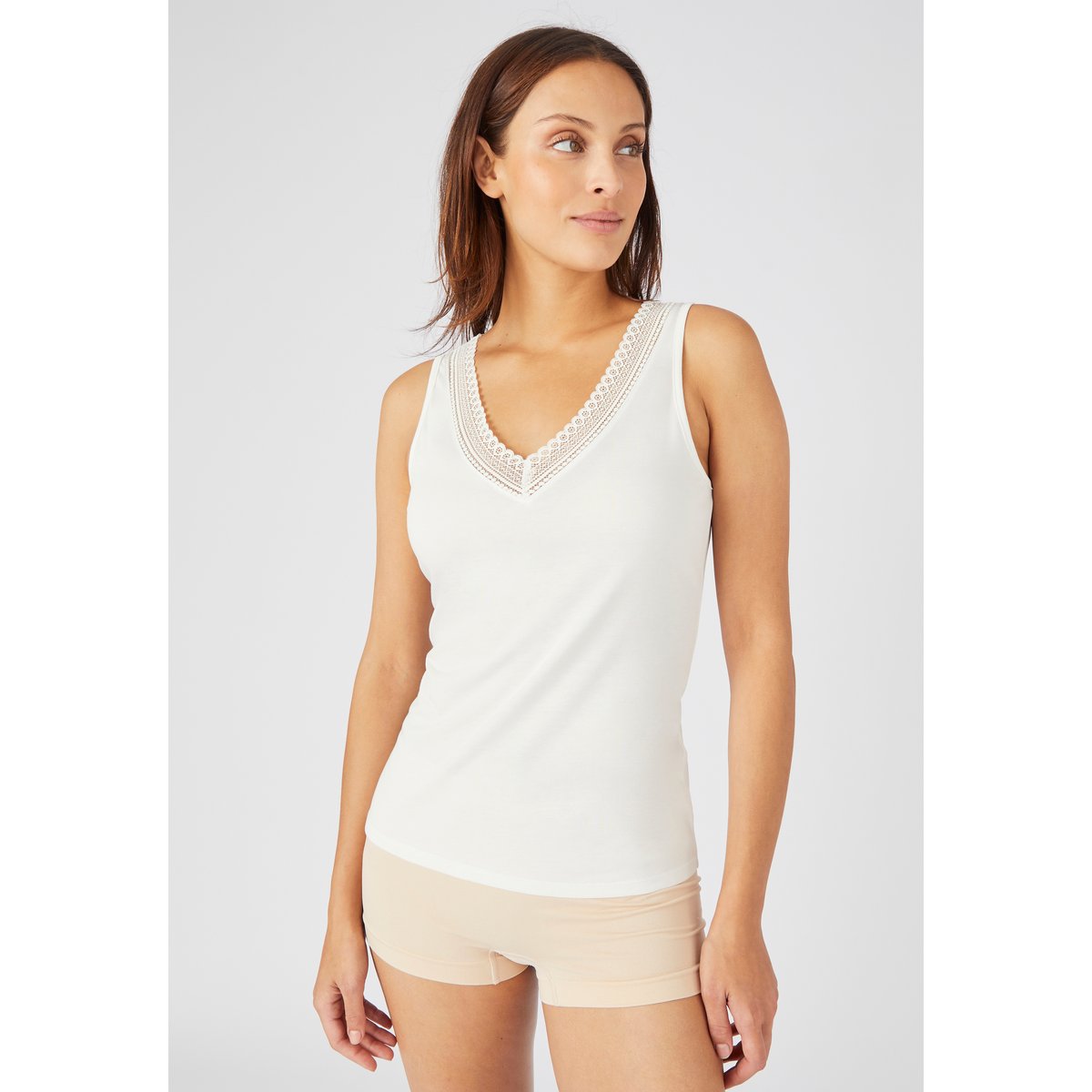 Débardeur Climatyl col V dentelle blanc cassé, DAMART