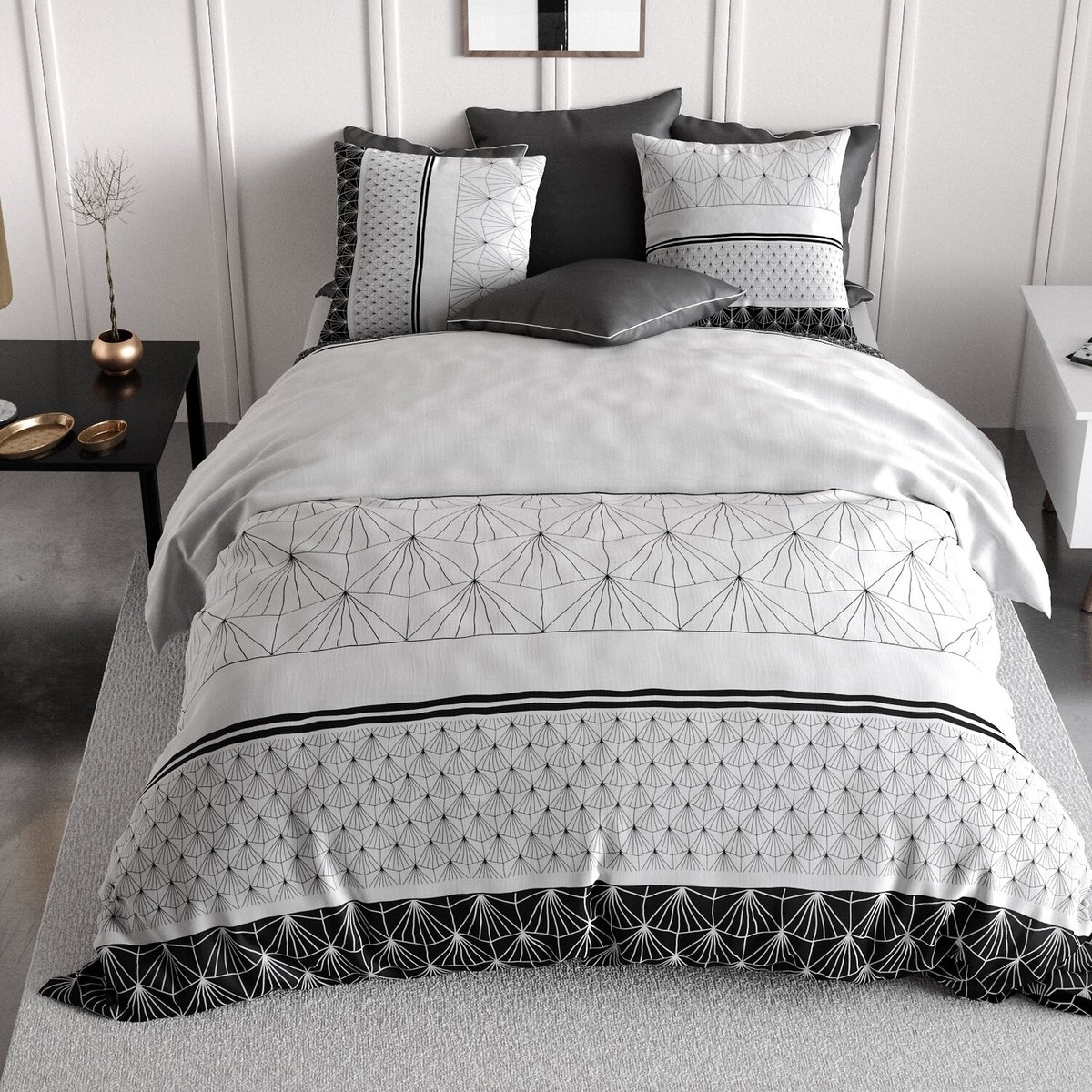 Parure housse de couette imprimée avec taie(s) en coton, Casta noir, ATELIER DU COTON
