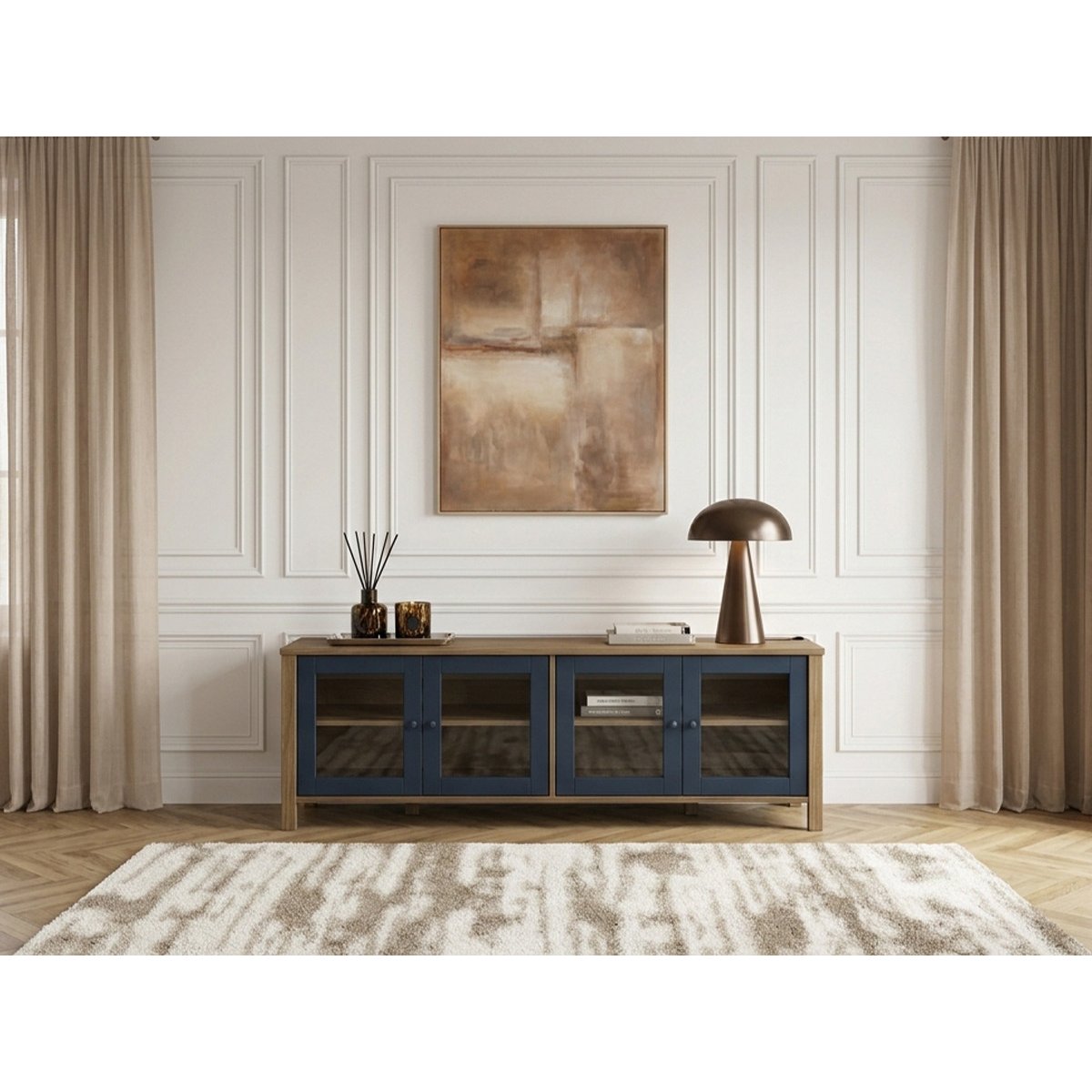 Meuble TV 150 cm panneaux de particules, LEXIE bleu, BOBOCHIC
