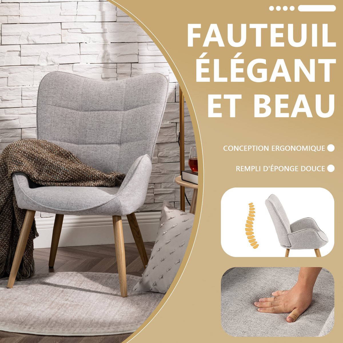 Fauteuil confortable bas style scandinave dossier moyen assise confortable pieds métal effet bois, KANAS gris clair, MEUBLES COSY