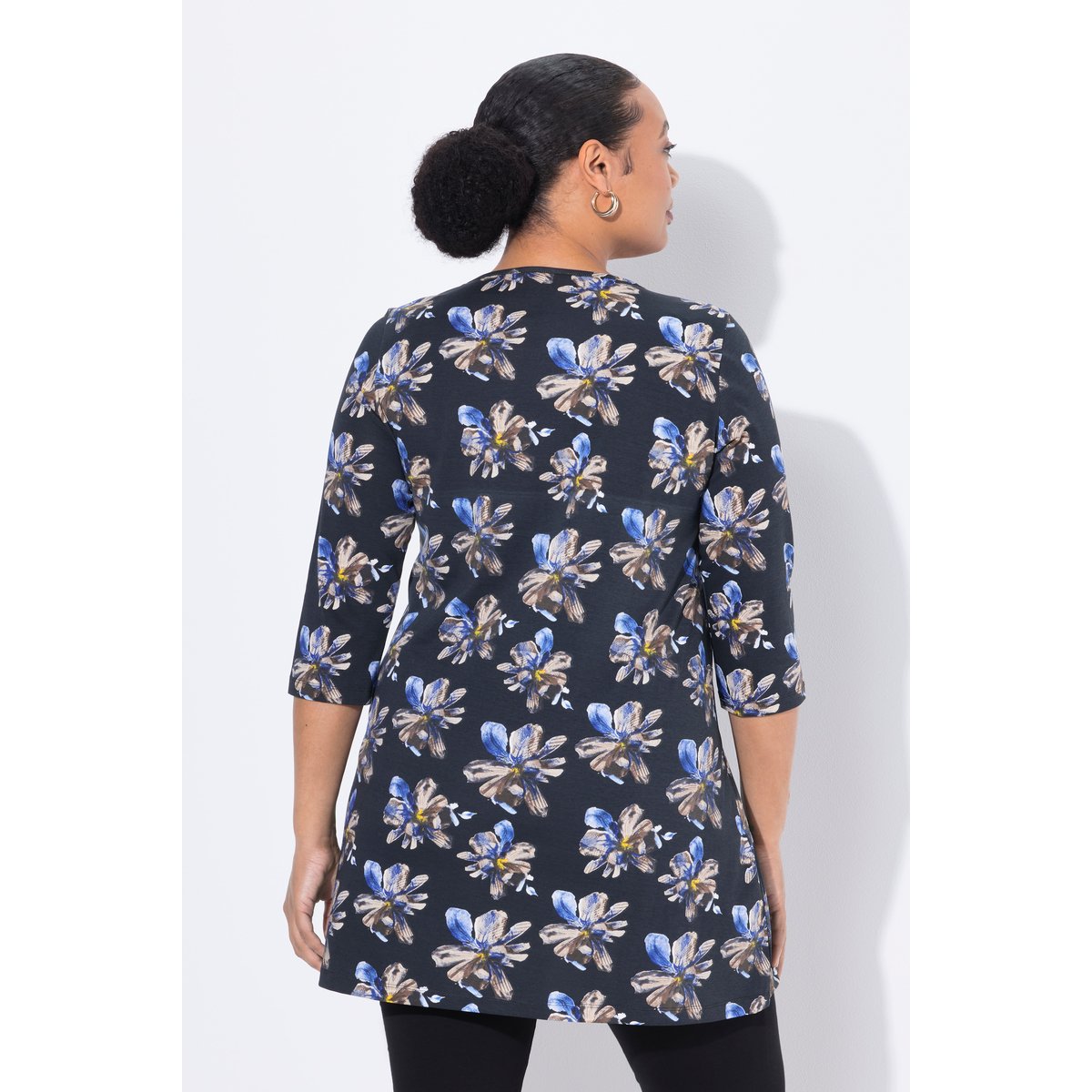 T-shirt long, décolleté carré et manches 3/4 noir, ULLA POPKEN