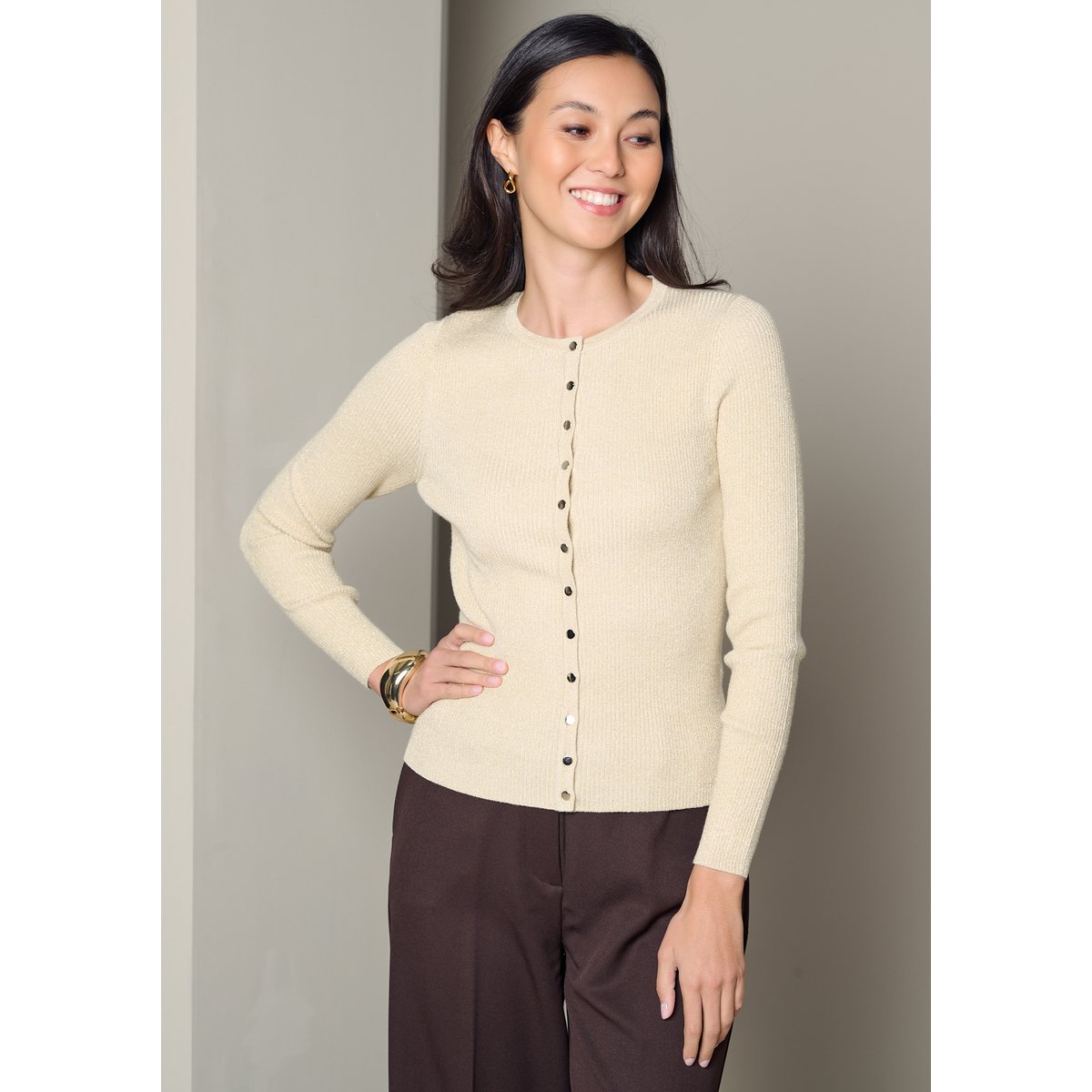 Cardigan côtelé scintillant champagne sand, LOLALIZA