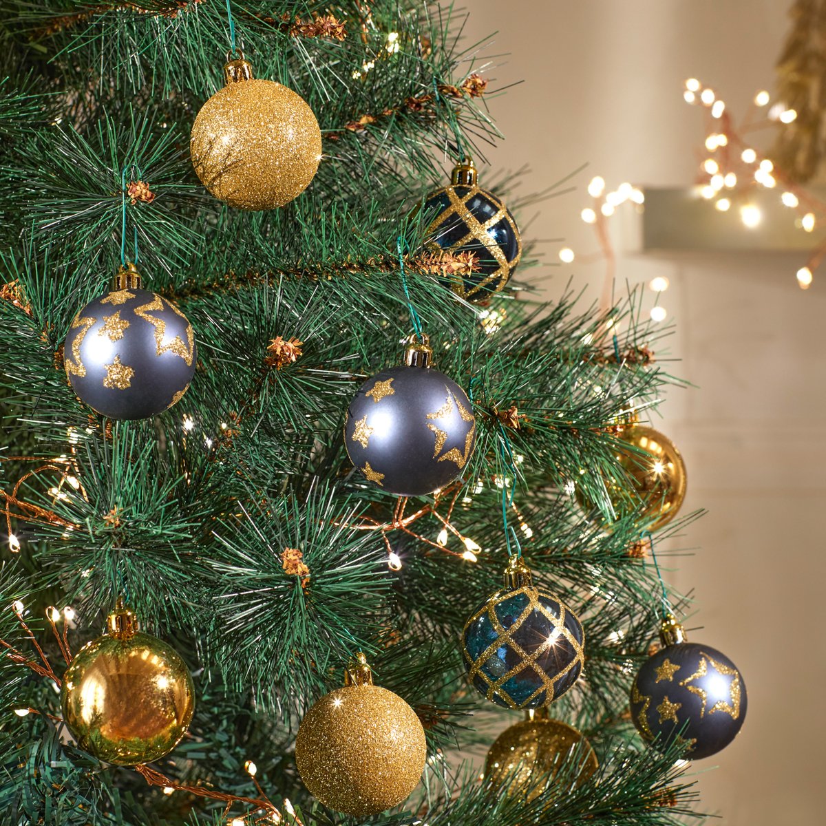 Lot de 15 boules de Noël lisses et décorées D.5 cm bleu, FEERIC LIGHTS & CHRISTMAS