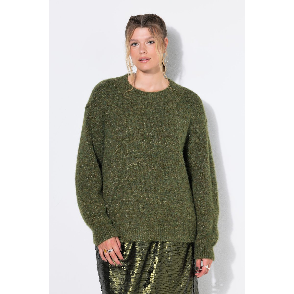 Pull oversize, maille chinée, aspect pailleté kaki foncé, STUDIO UNTOLD