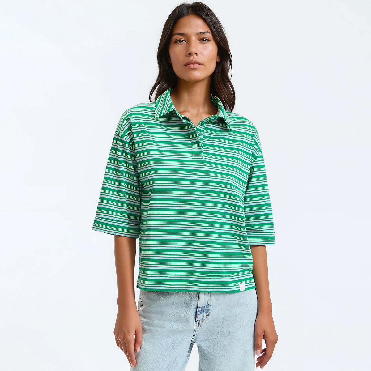 T-shirt col polo, manches courtes, à rayures rayé vert, LA REDOUTE COLLECTIONS