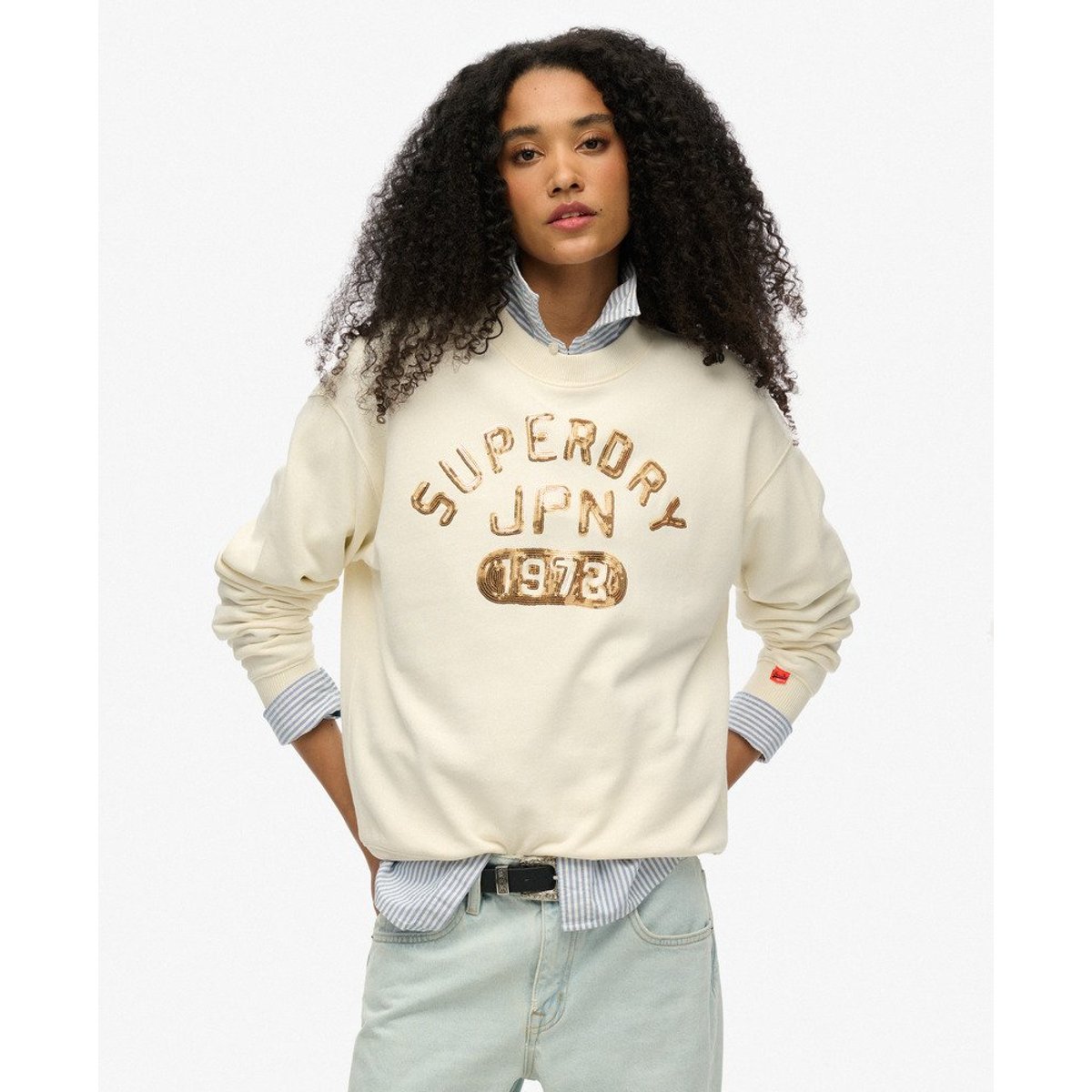 Sweat ras-du-cou ample embelli Varsity crème, SUPERDRY
