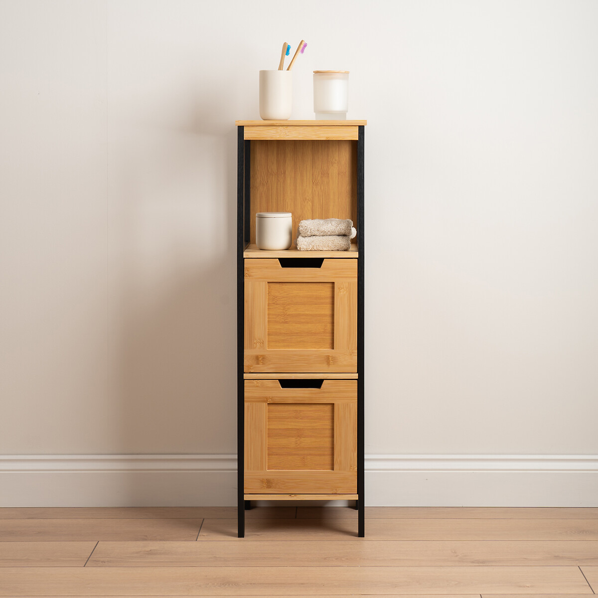 Slatted Bamboo Bathroom Slimline Drawers black, SO'HOME