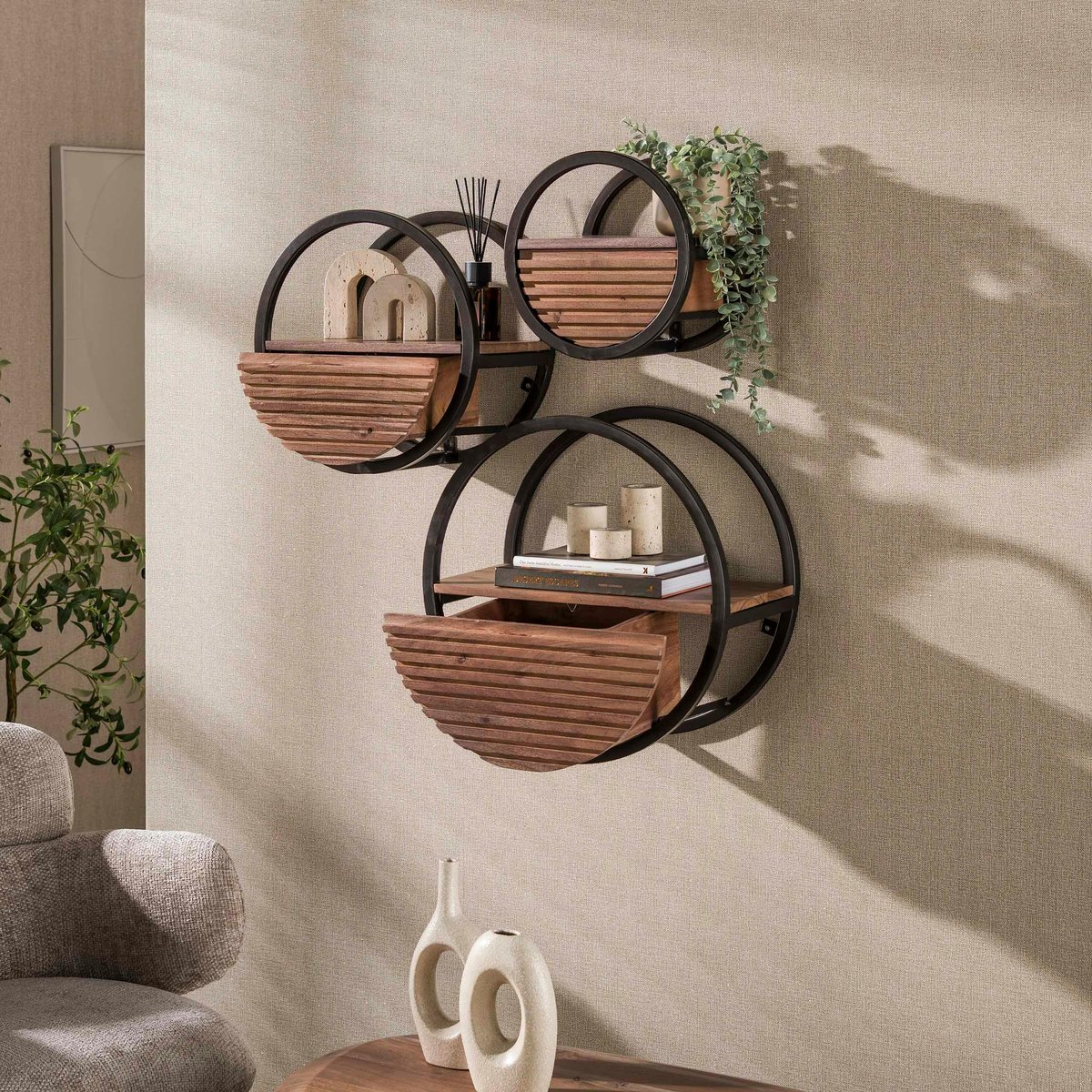 Etagère murale ronde bois d'acacia foncé 1 tiroir Ø50 cm NAKO marron, PIER IMPORT