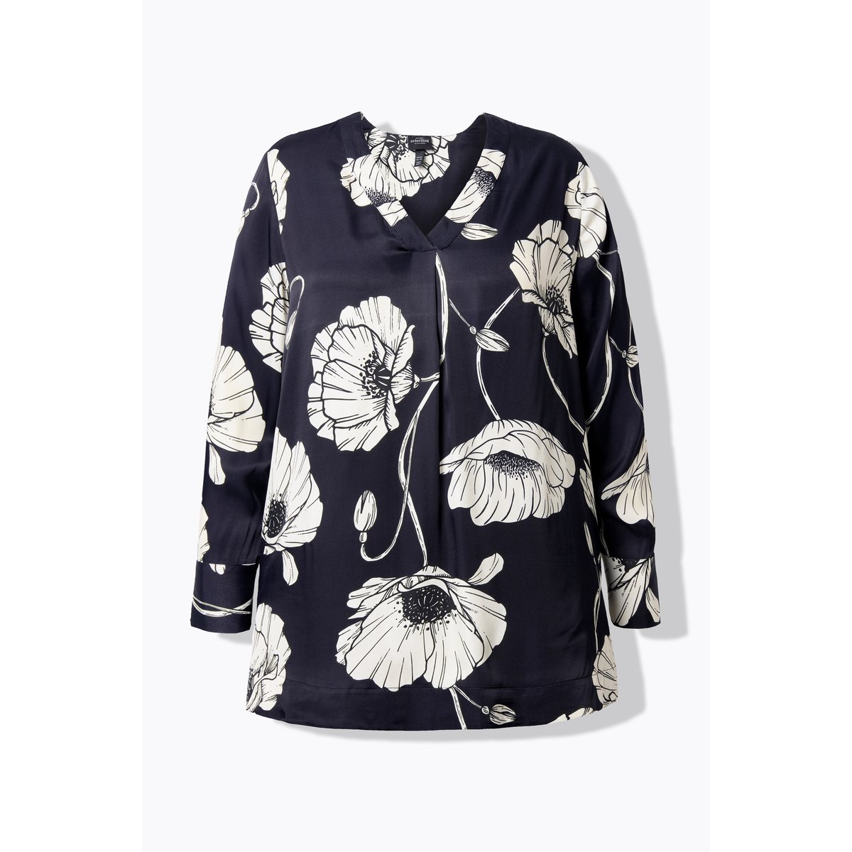 Tunique en satin à motif floral noir, ULLA POPKEN