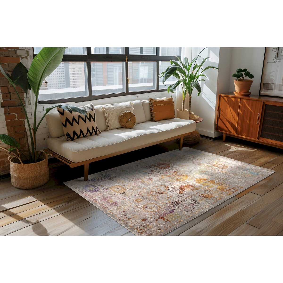 Tapis rectangulaire géométrique style vintage multicolore sur fond gris clair, ARTE ESPINA